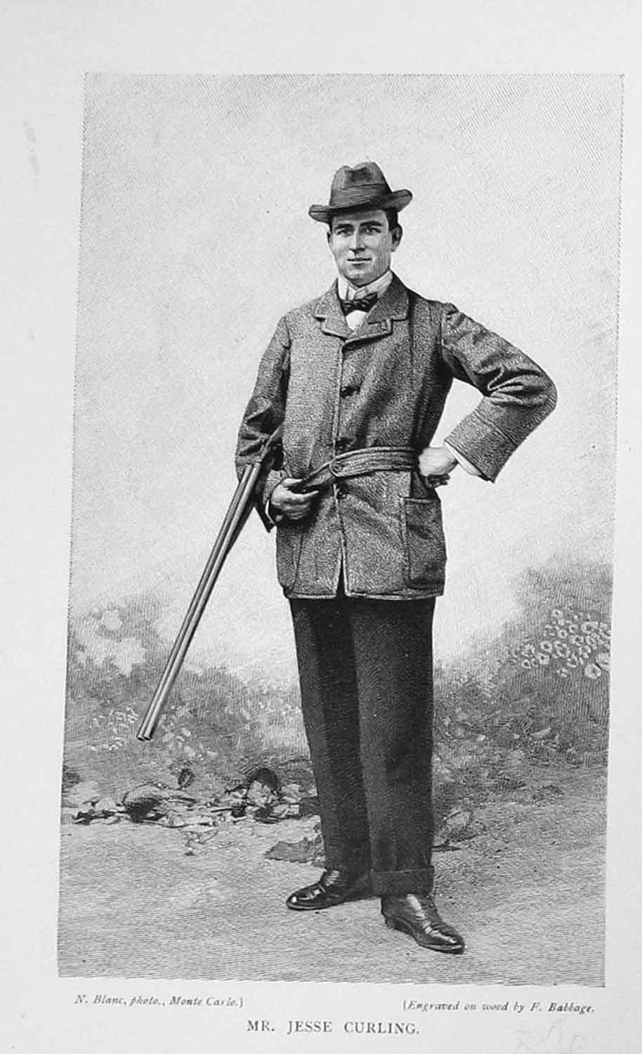 Original Old Antique Print Portrait 1898 Mr Jesse Curling Sportsman Gun 19th