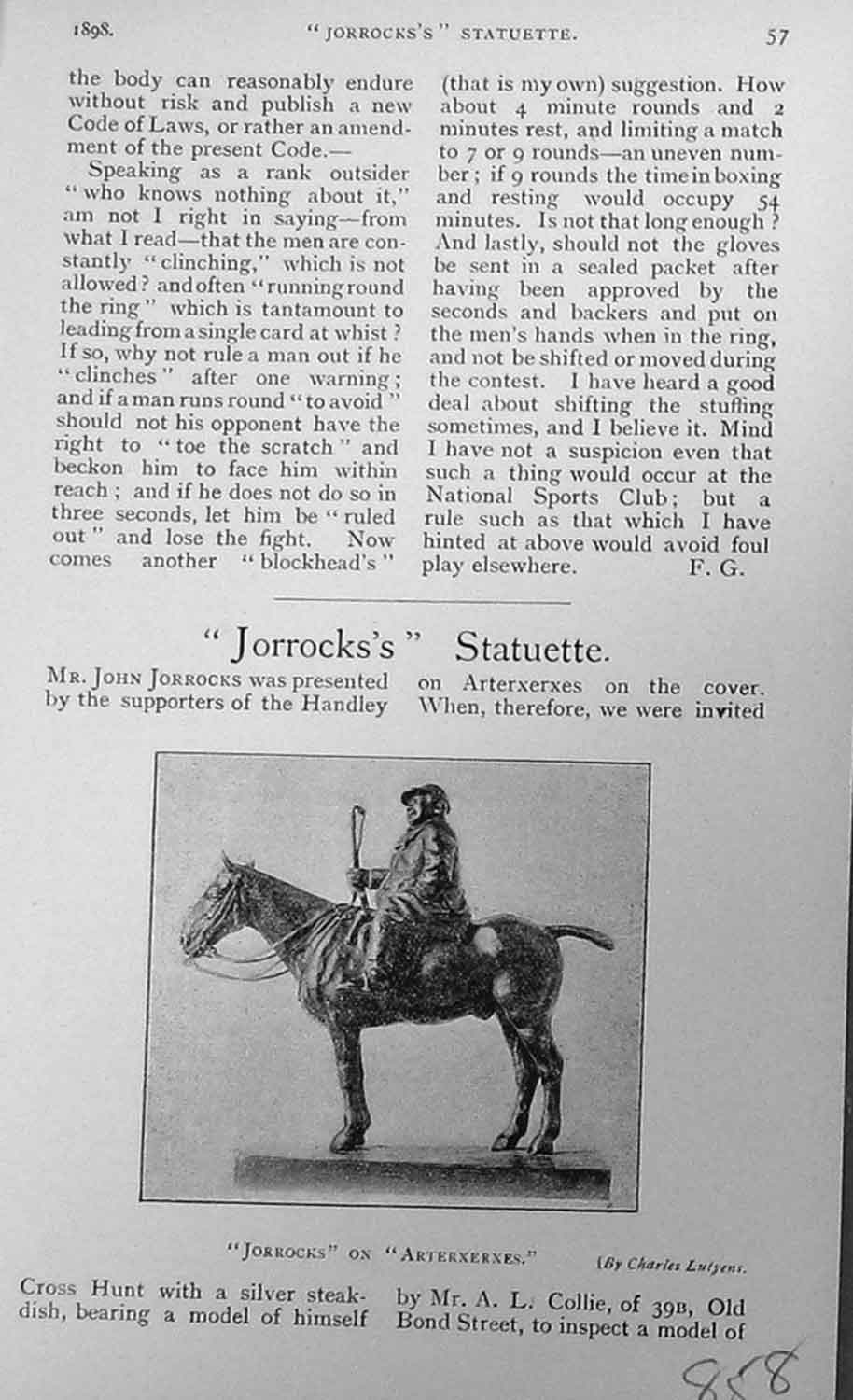 Original Old Antique Print Jorrocks Statuette Arterxerxes Horse Baily'S 1898