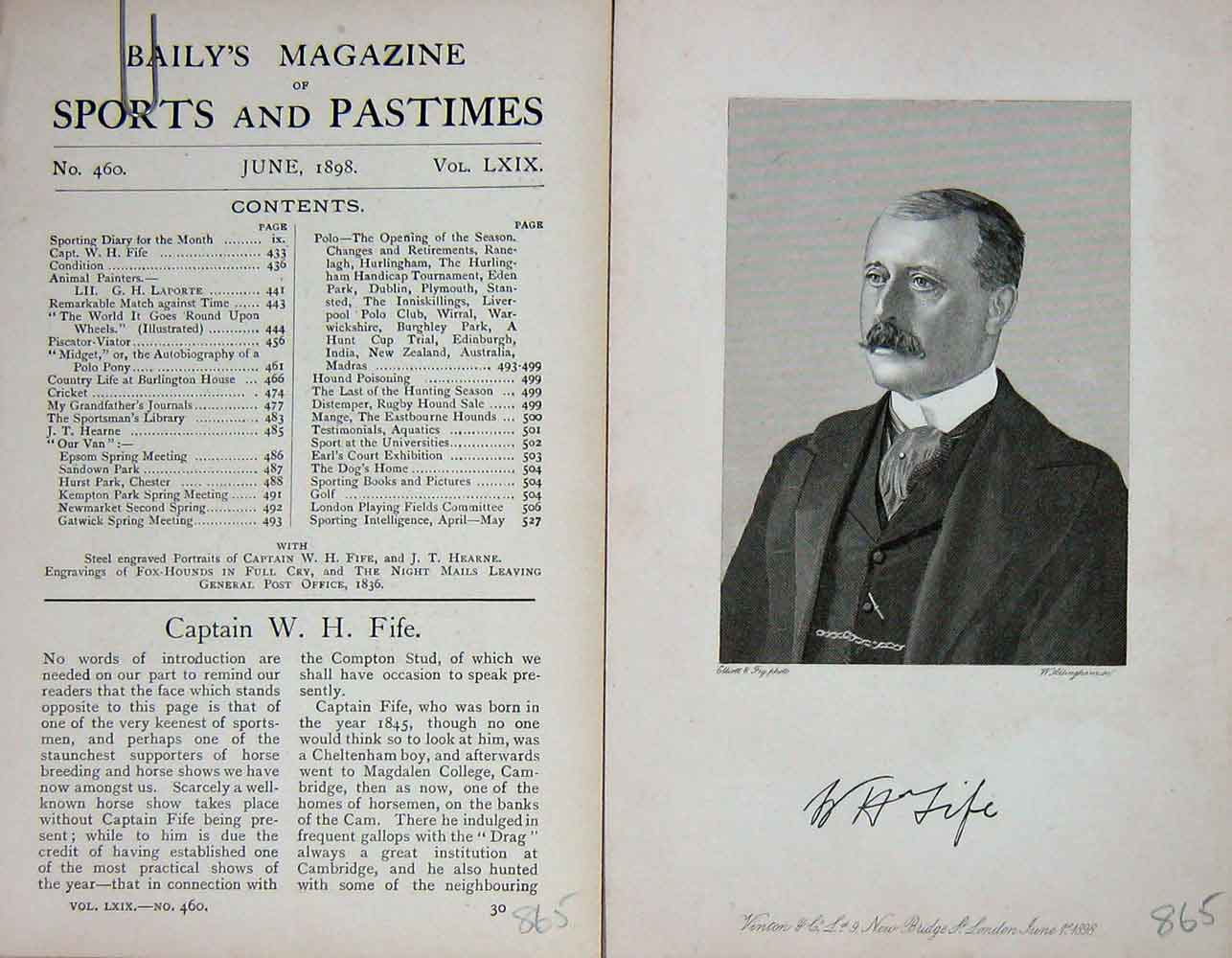Original Old Antique Print Portrait 1898 Captain W.H. Fife Sportsman Victorian