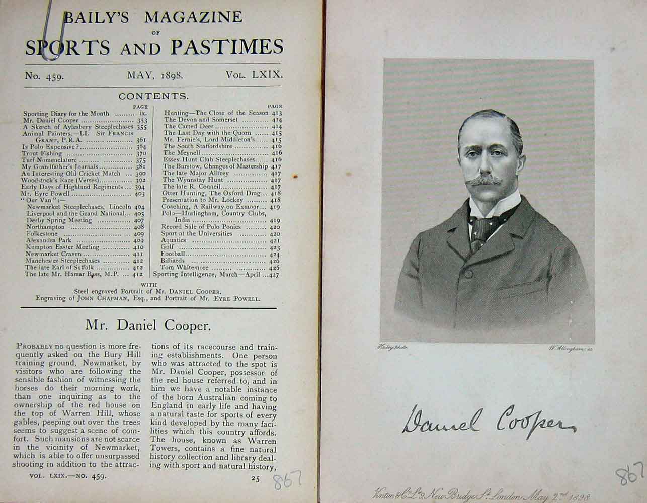 Original Old Antique Print Portrait 1898 Daniel Cooper Sportsman Baily'S 19th