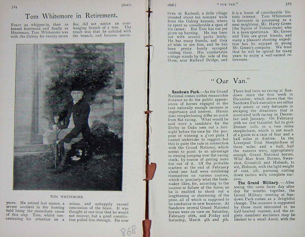 Original Old Antique Print Portrait 1898 Tom Whitemore Sportsman Baily'S 19th
