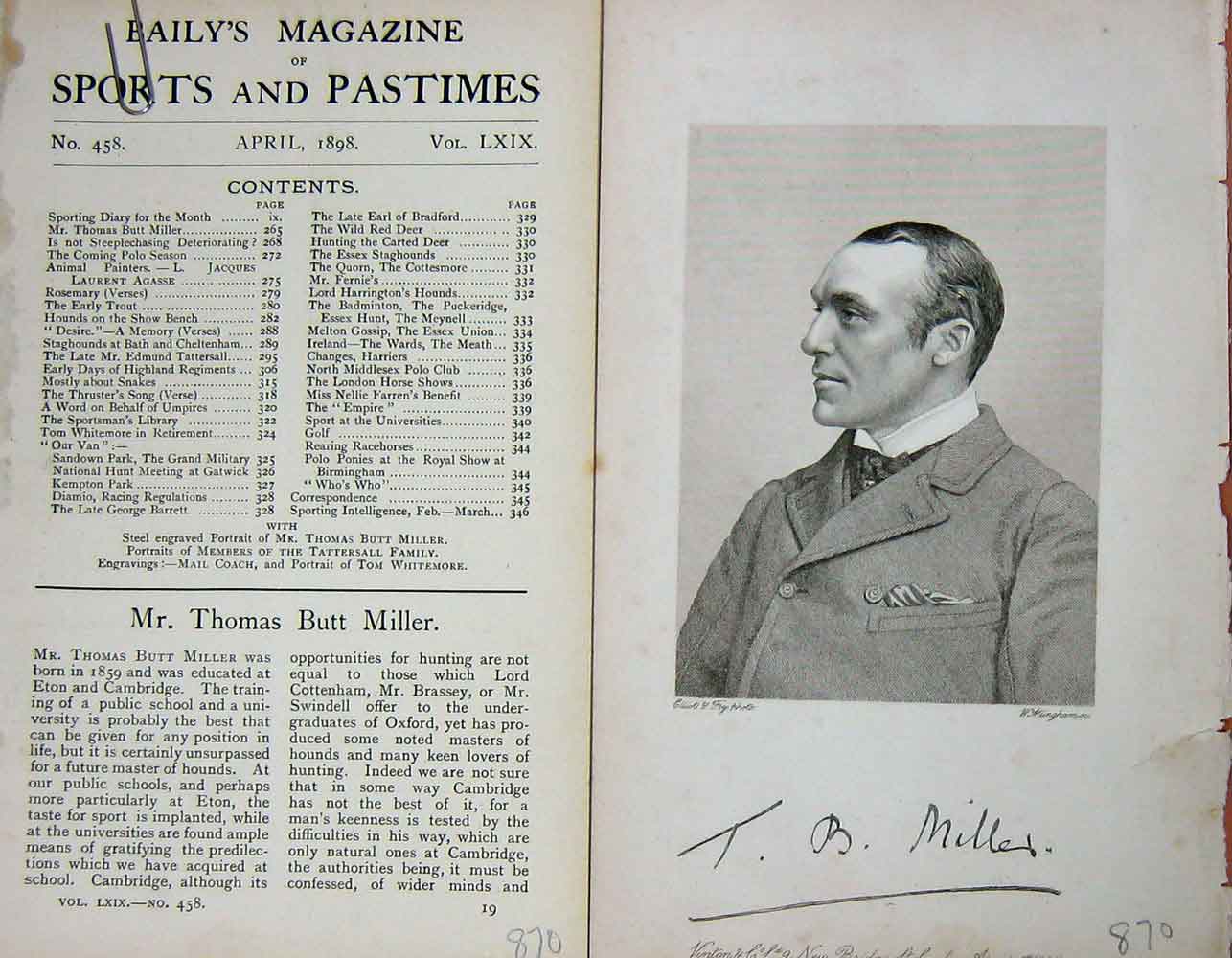 Original Old Antique Print Portrait 1898 Mt Thomas Butt Miller Sportsman 19th