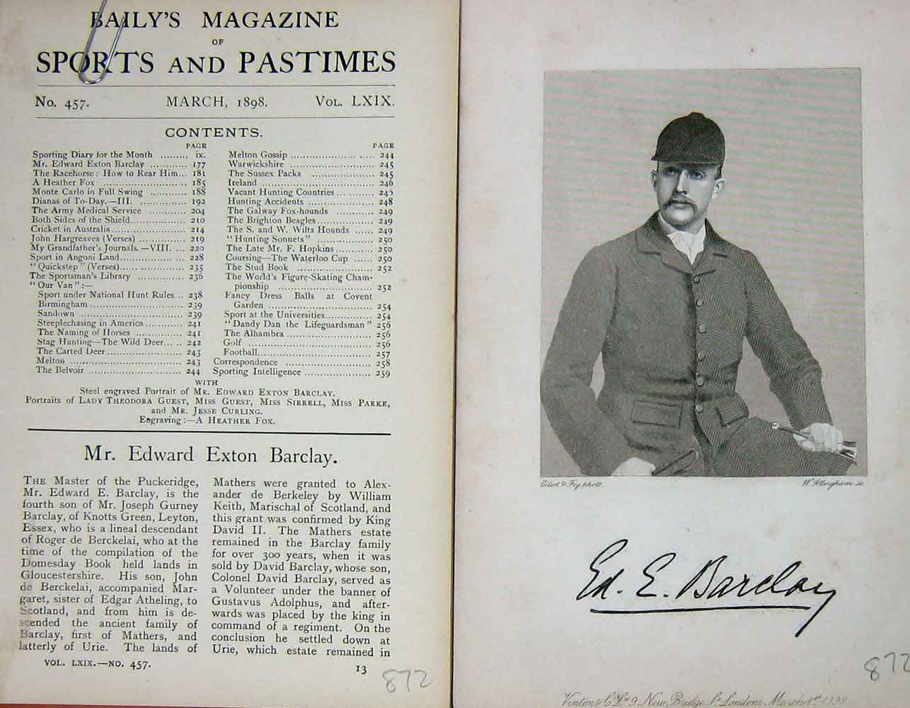 Original Old Antique Print Portrait 1898 Mr Edward Exton Barclay Sportsman 19th