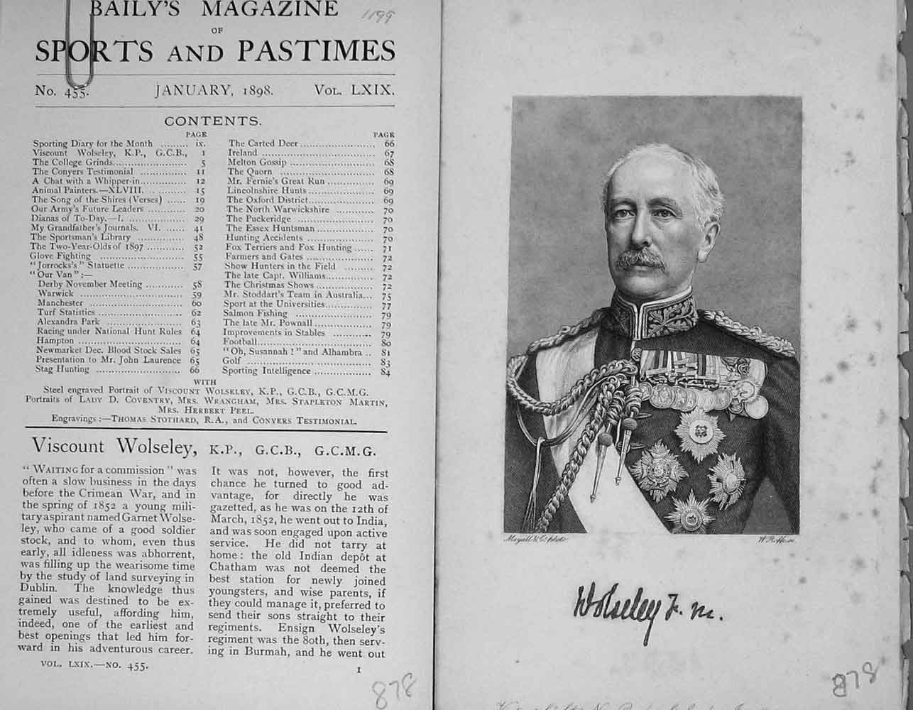 Original Old Antique Print Portrait 1898 Viscount Wolseley Baily'S Victorian