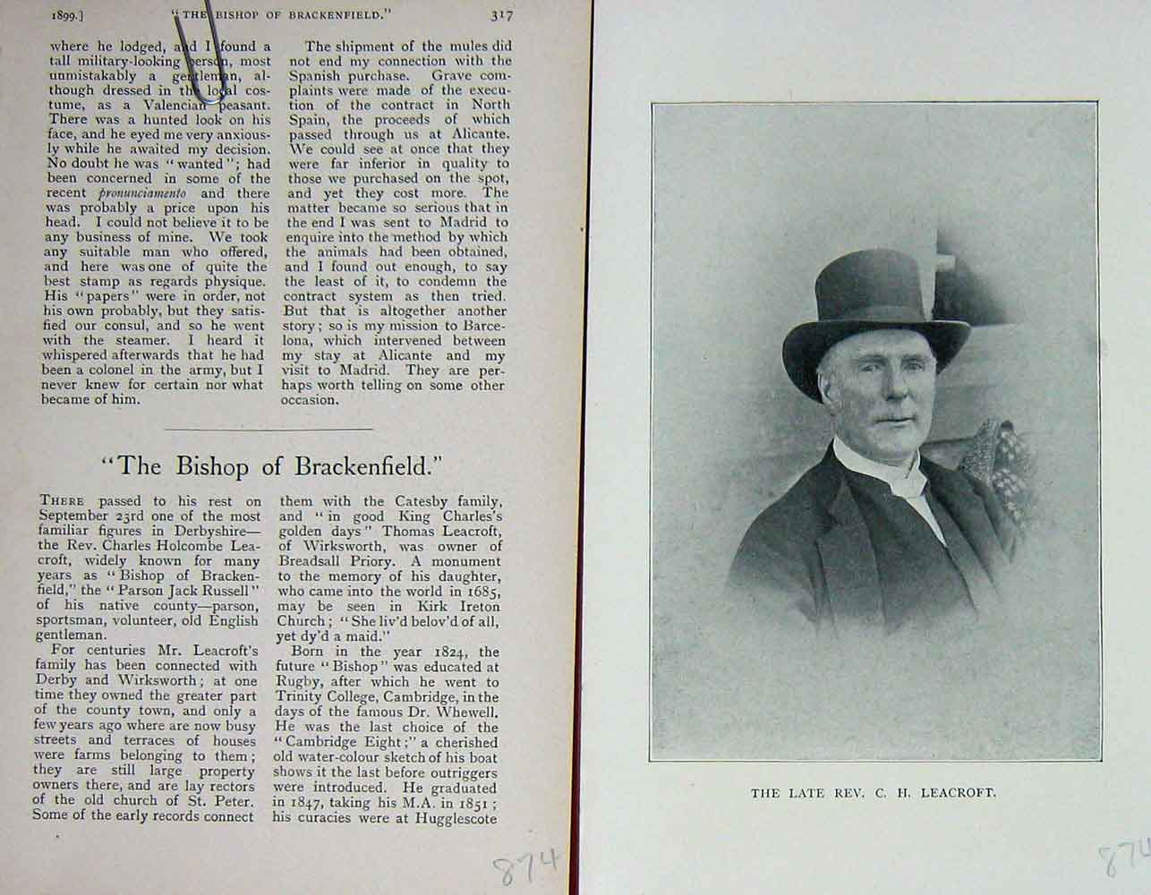 Original Old Antique Print 1899 Portrait Rev. C.H Leacroft Brackenfield 19th