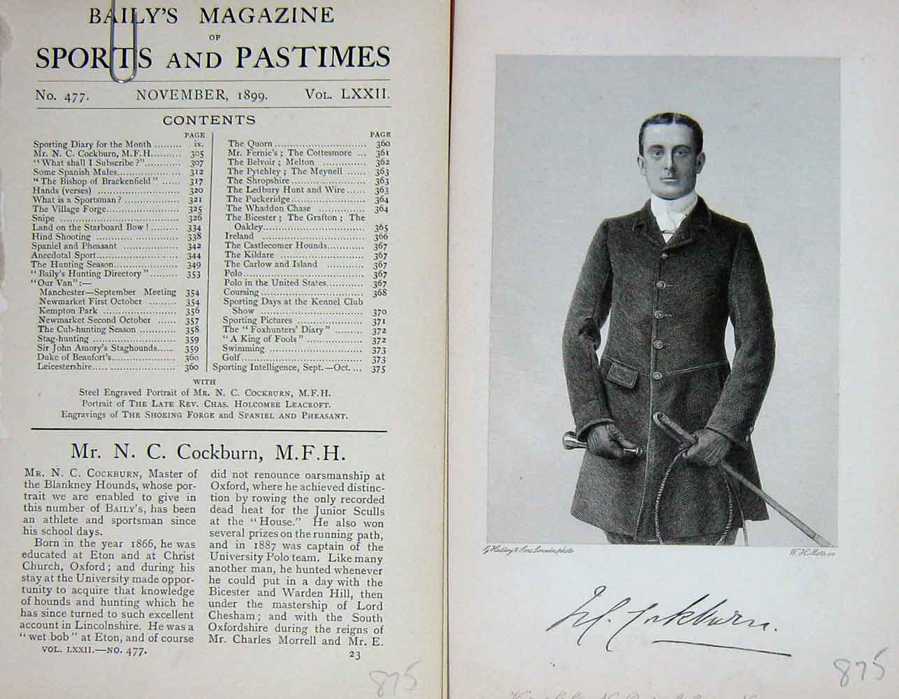 Original Old Antique Print 1899 Portrait Mr N.C Cockburn Blankney Hunting 19th