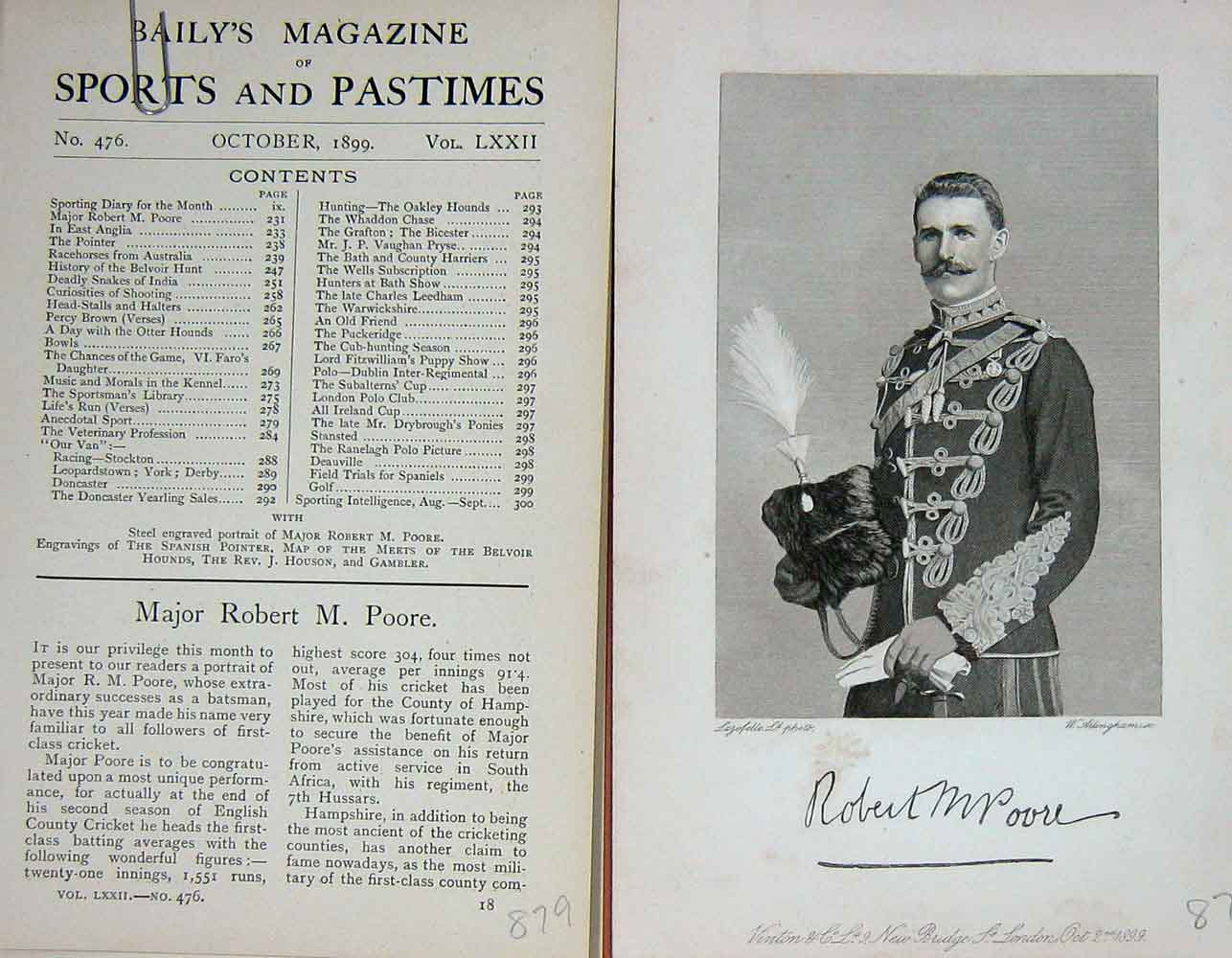 Original Old Antique Print 1899 Portrait Major Robert M. Pore Cricket Victorian