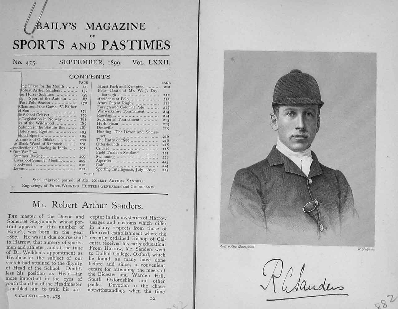 Original Old Antique Print 1899 Portrait Mr Robert Arthur Sanders Hunting 19th