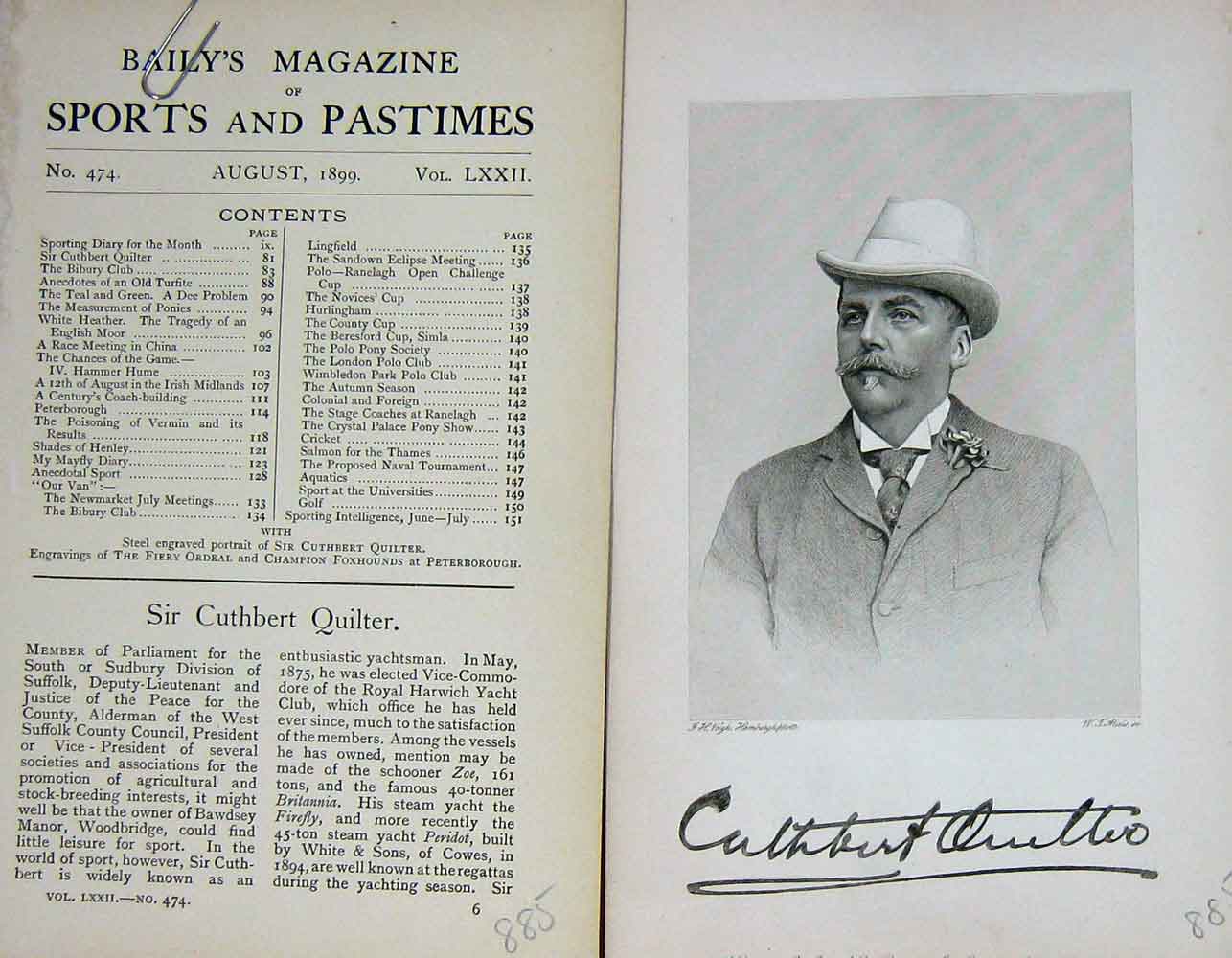 Original Old Antique Print 1899 Portrait Sir Cuthbert Quilter Yachtsman 19th