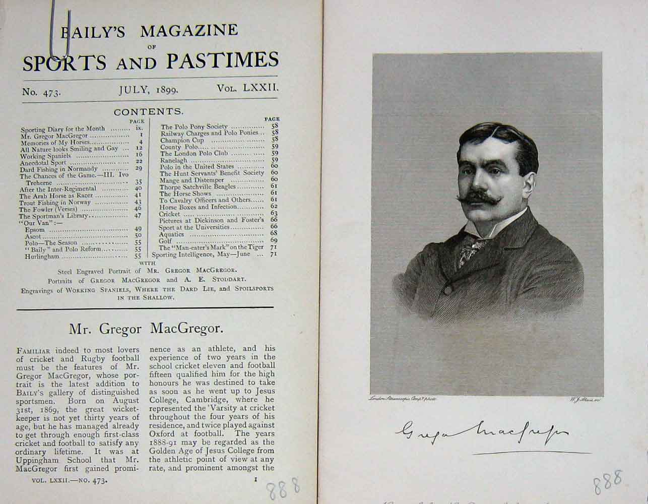 Original Old Antique Print 1899 Portrait Mr George Macgregor Sportsman 19th