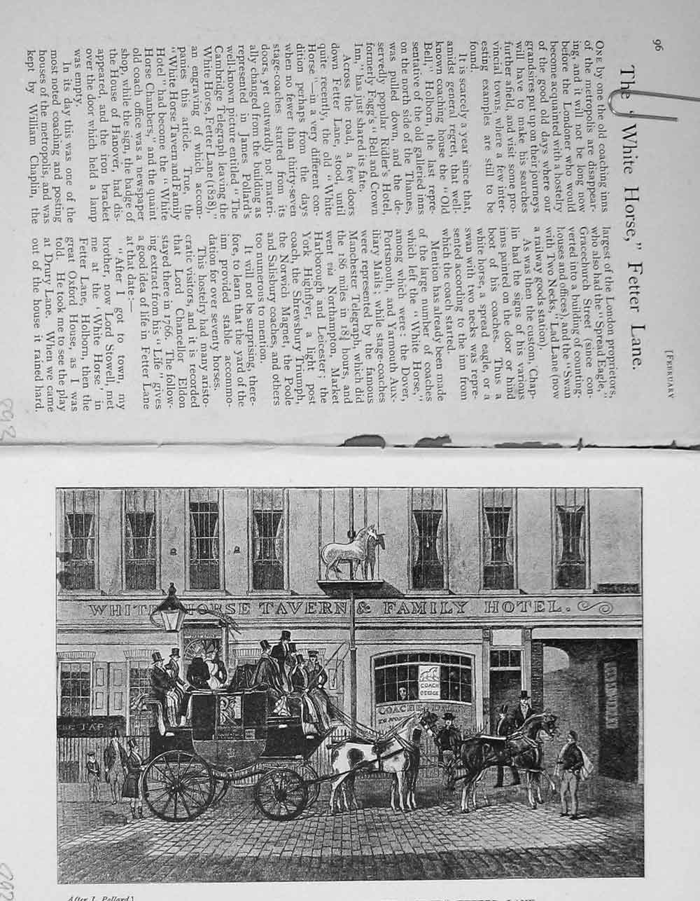 Original Old Antique Print 1899 White Horse Fetter Lane Horse Coach Victorian