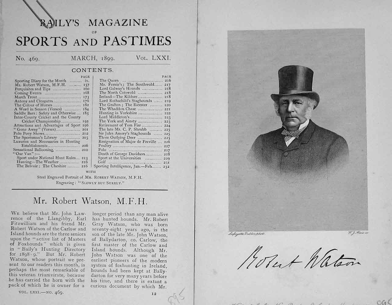 Original Old Antique Print 1899 Portrait Mr Robert Watson Sportsman Victorian