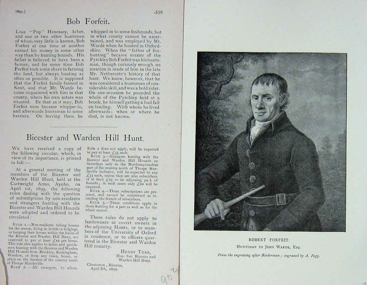 Original Old Antique Print 1899 Portrait Robert Forfeit Huntsman Warde 19th
