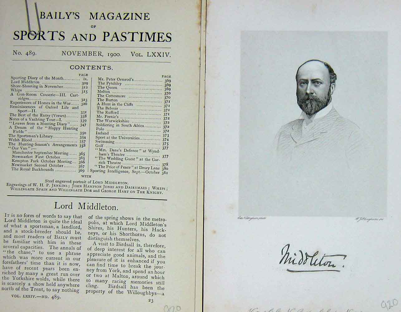 Original Old Antique Print 1900 Portrait Lord Middleton Sportsman Baily'S 20th