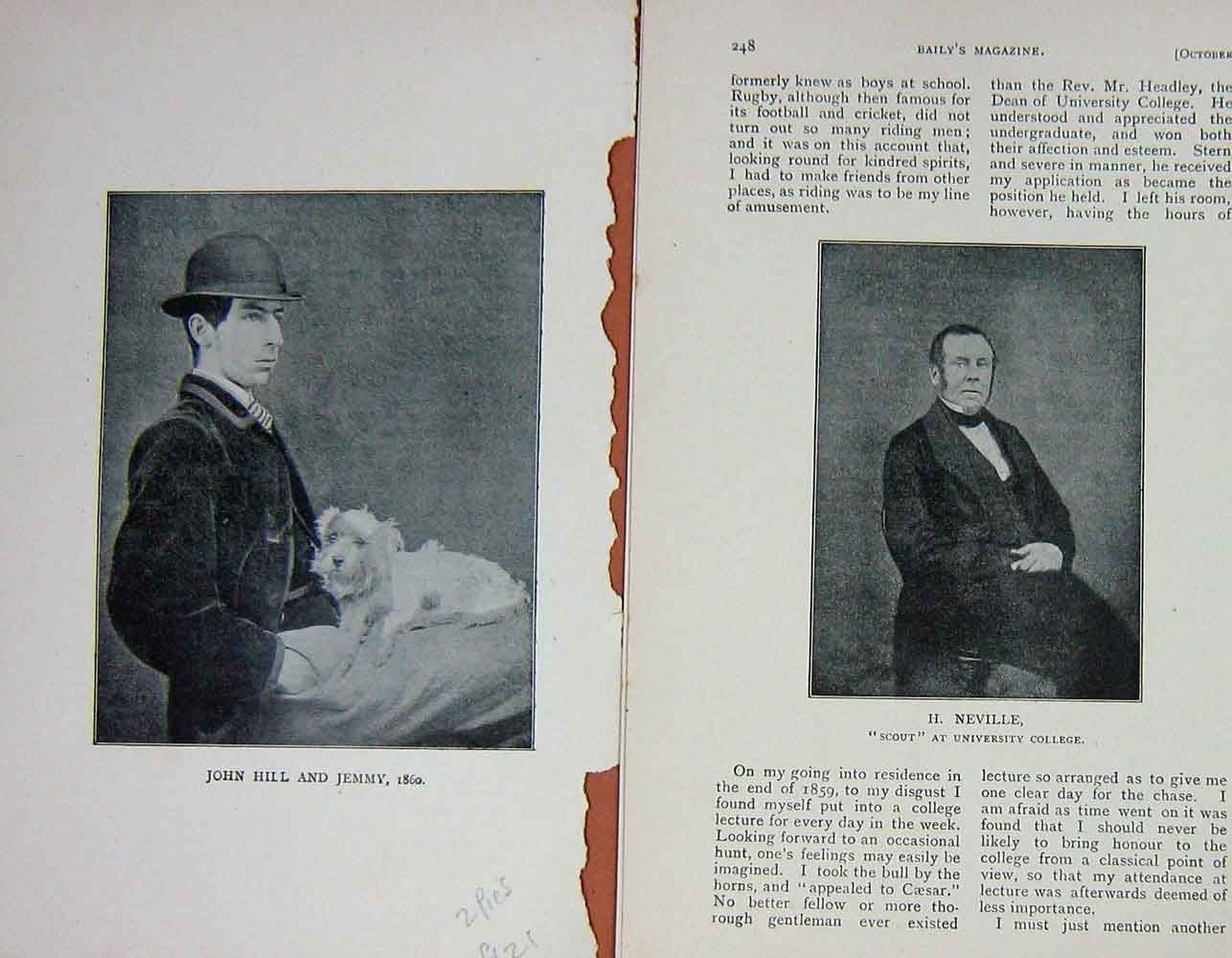 Original Old Antique Print 1900 Portrait John Hill Jemmy Dog Neville Victorian