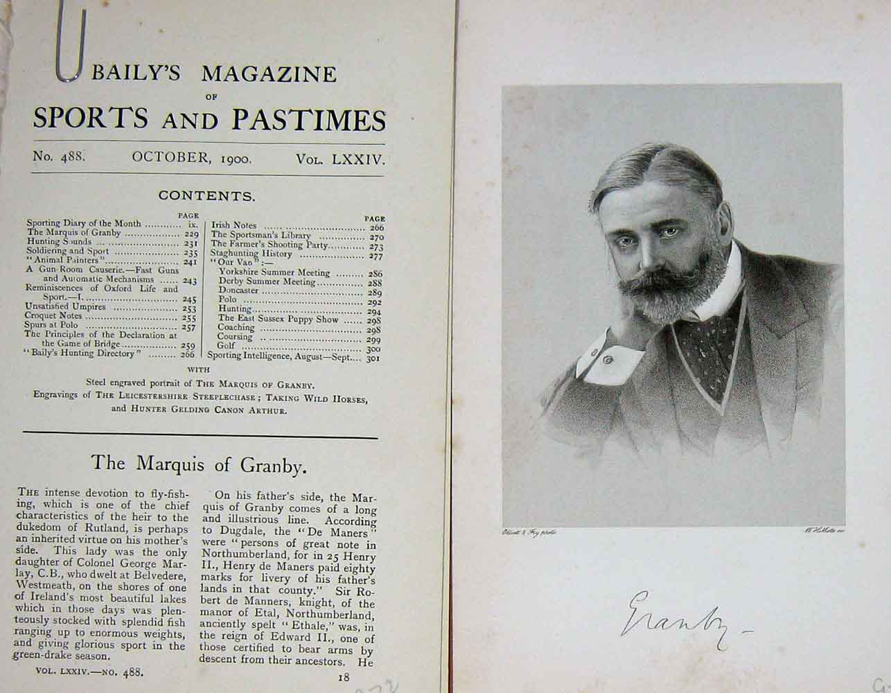 Original Old Antique Print 1900 Portrait Marquis Granby Fly Fishing Sport 20th