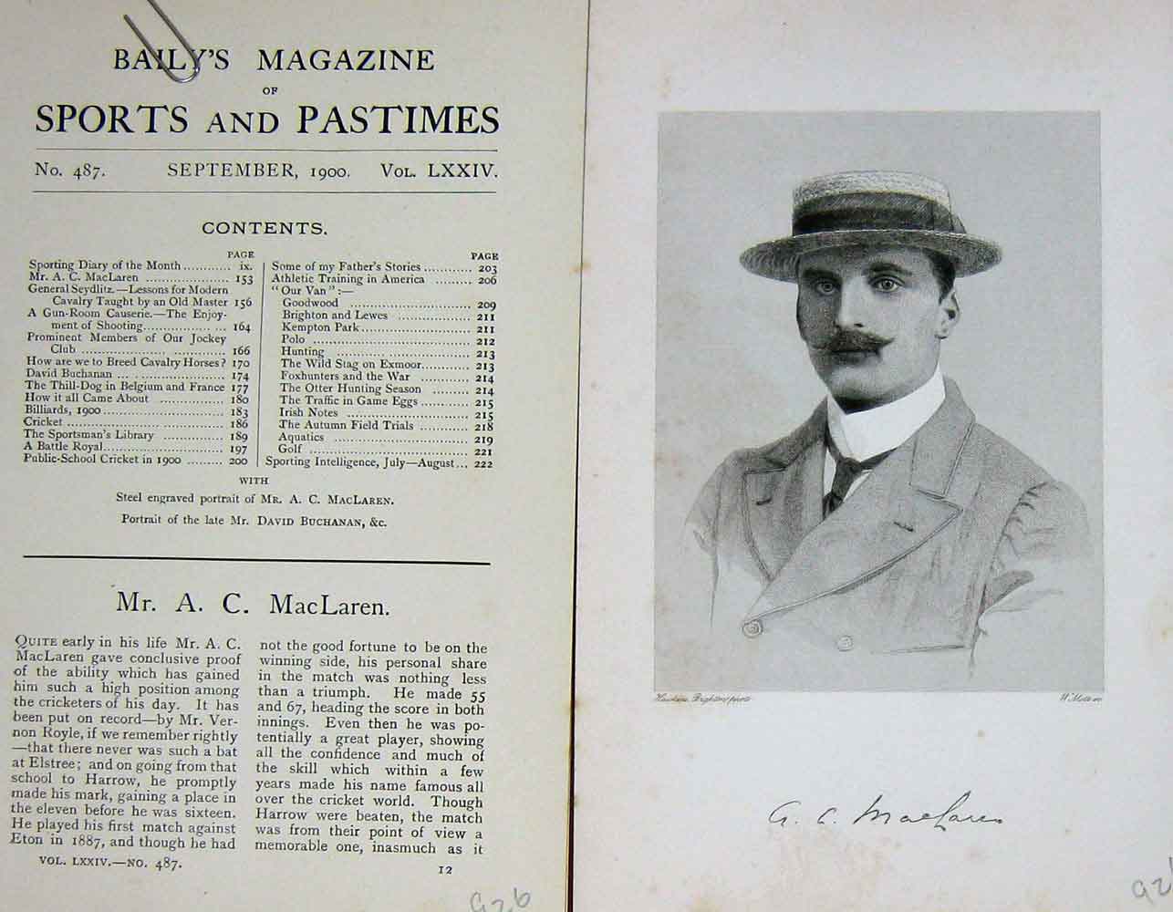 Original Old Antique Print 1900 Portrait Mr A.C Maclaren Sportsman Baily'S 20th