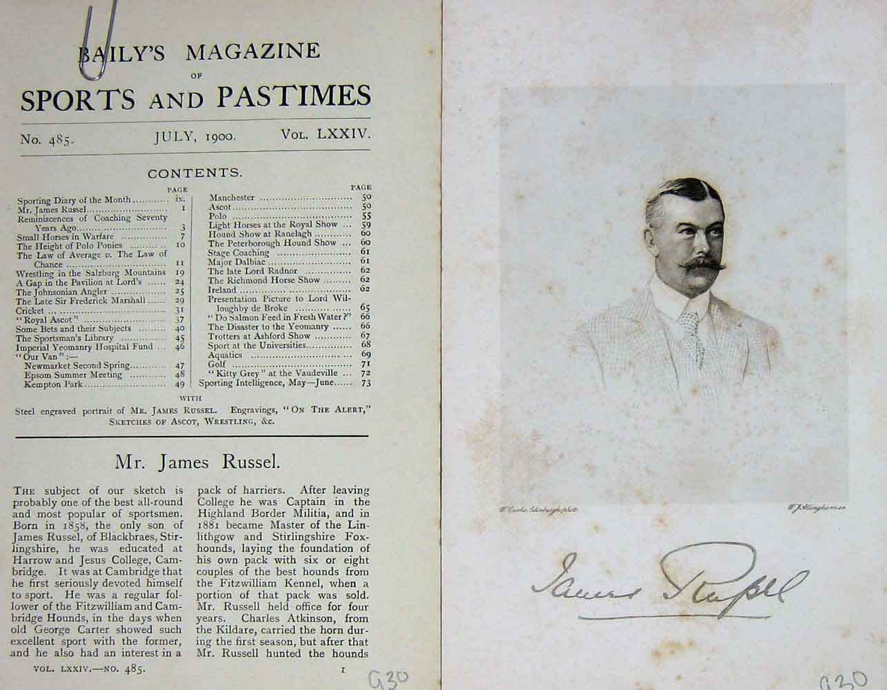 Original Old Antique Print 1900 Portrait Mr James Russel Sportsman Baily'S 20th