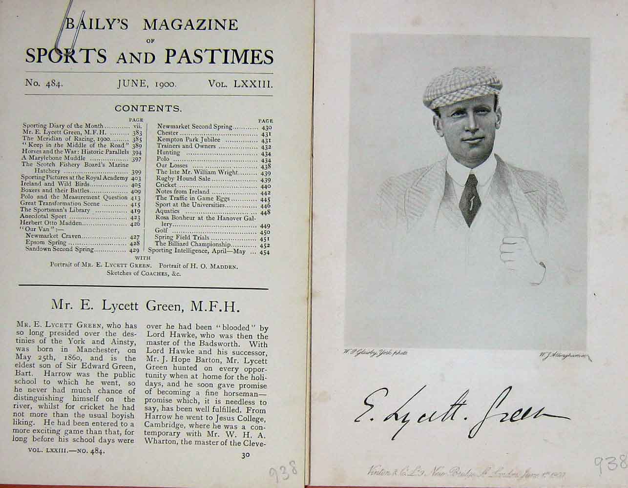 Original Old Antique Print 1900 Portrait Mr E. Lycett Green M.F.H Sports 20th