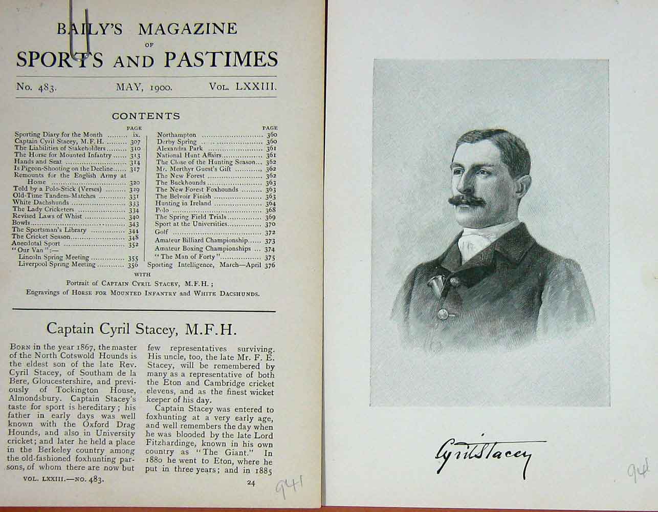 Original Old Antique Print 1900 Portrait Captain Cyril Stacey M.F.H Sports 20th