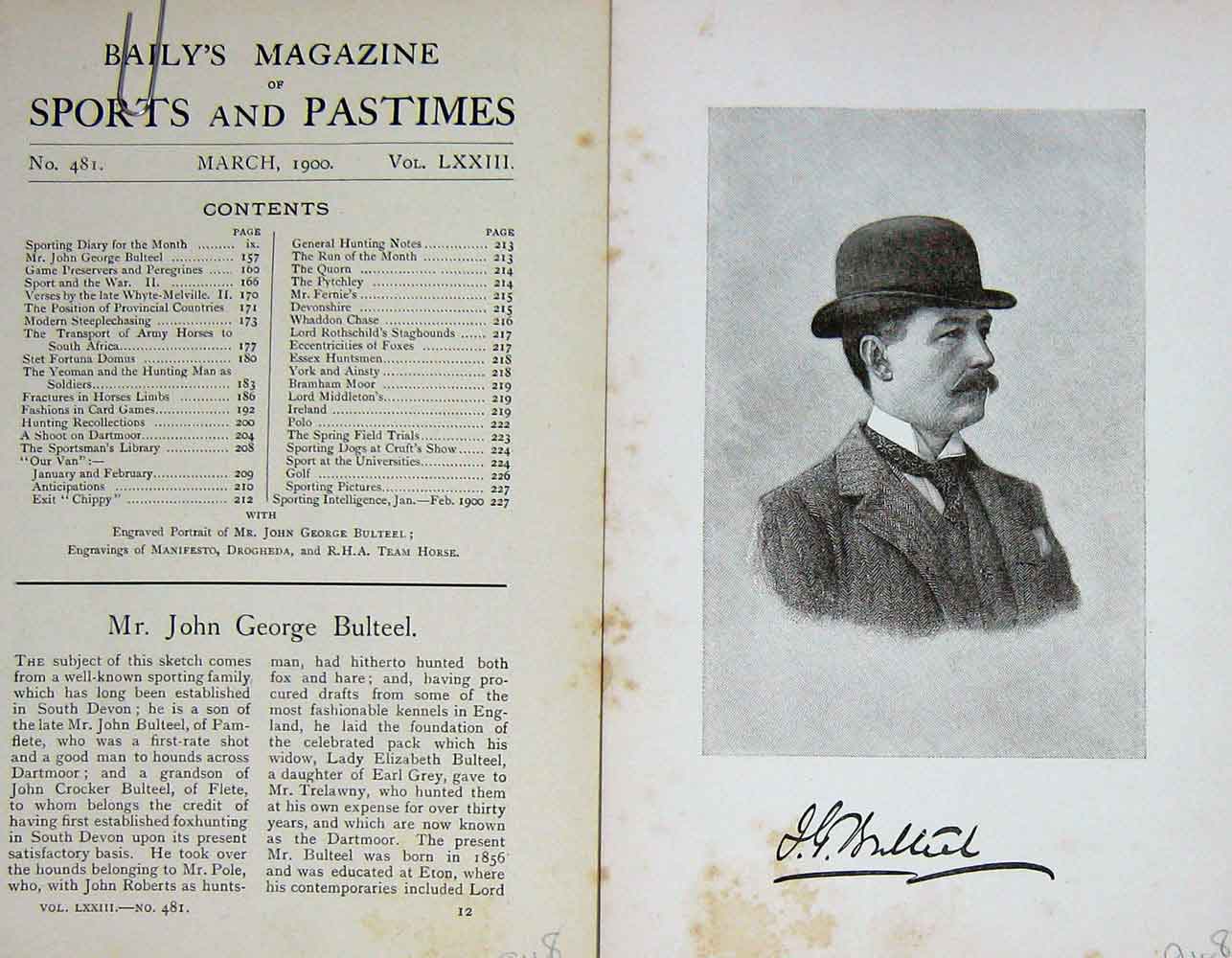 Original Old Antique Print 1900 Portrait Mr John George Bulteel Sportsman 20th