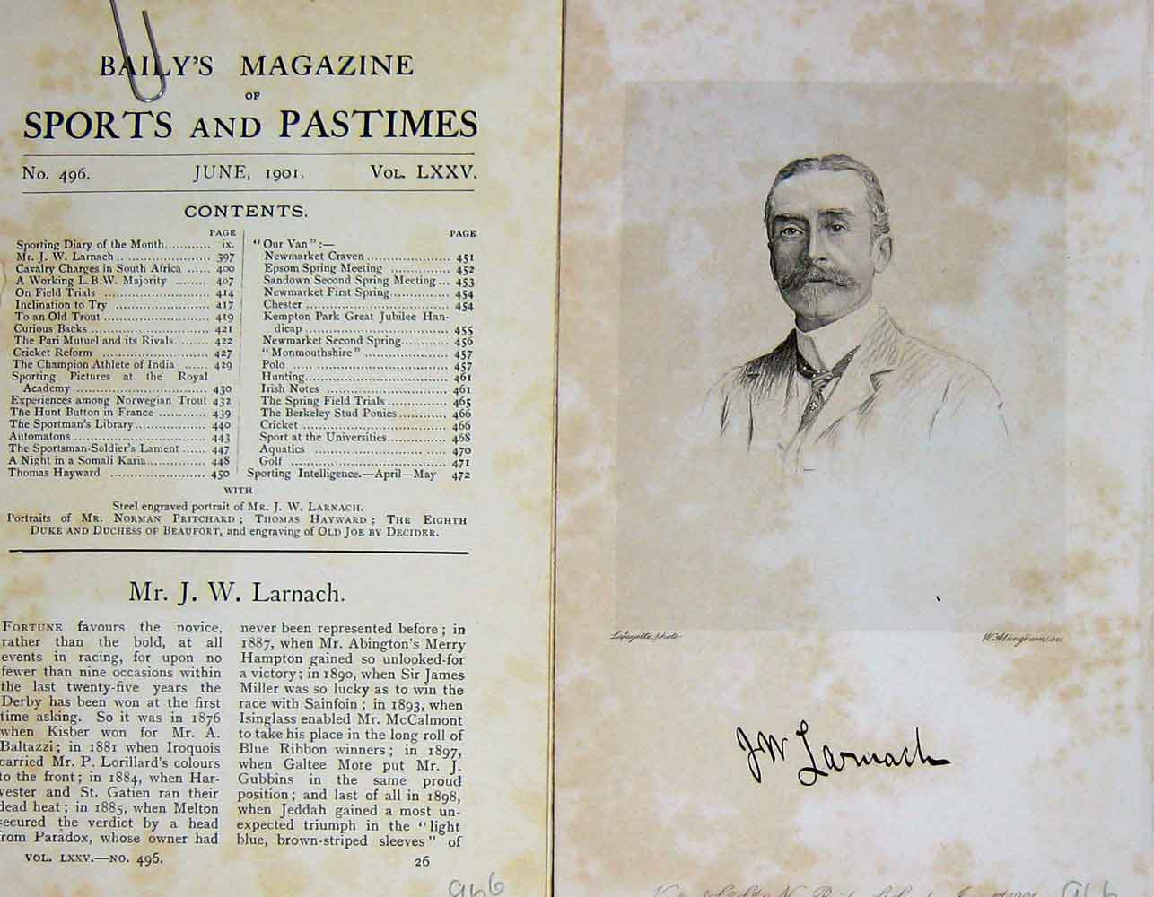 Original Old Antique Print 1901 Portrait Mr J. W Larnach Sportsman Baily'S 20th
