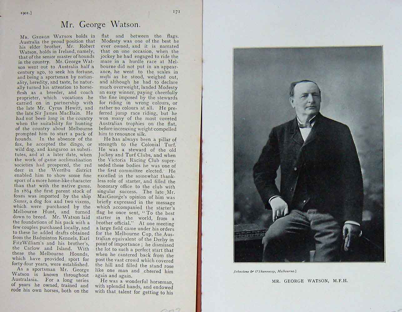 Original Old Antique Print 1901 Portrait Mr George Watson M.F.H Photo Victorian