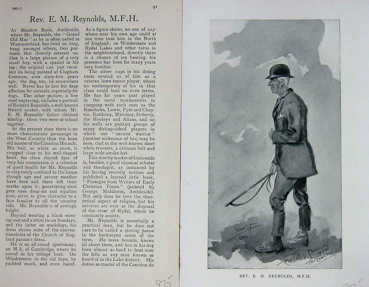 Original Old Antique Print 1901 Portrait Rev E.M Reyns Huntsman Sport Victorian