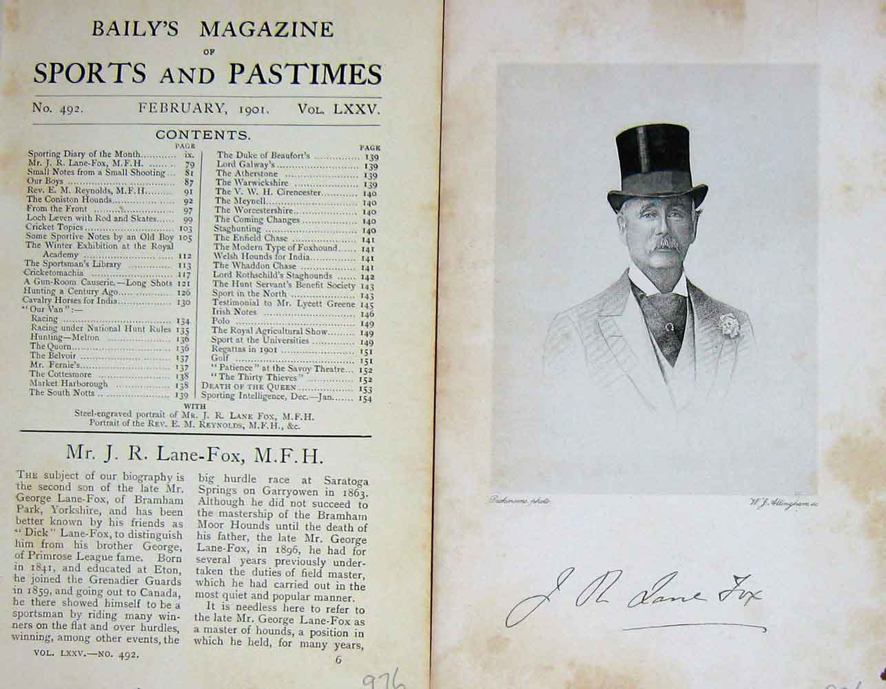 Original Old Antique Print 1901 Portrait Mr J.R. Lane-Fox M.F.H Sportsman 20th