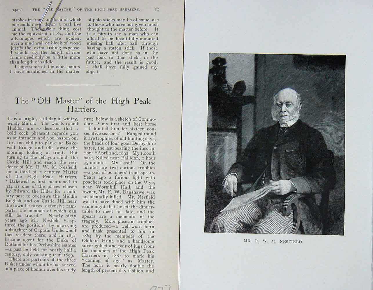 Original Old Antique Print 1901 Portrait Mr R.W.M Nesfield Huntsman Victorian