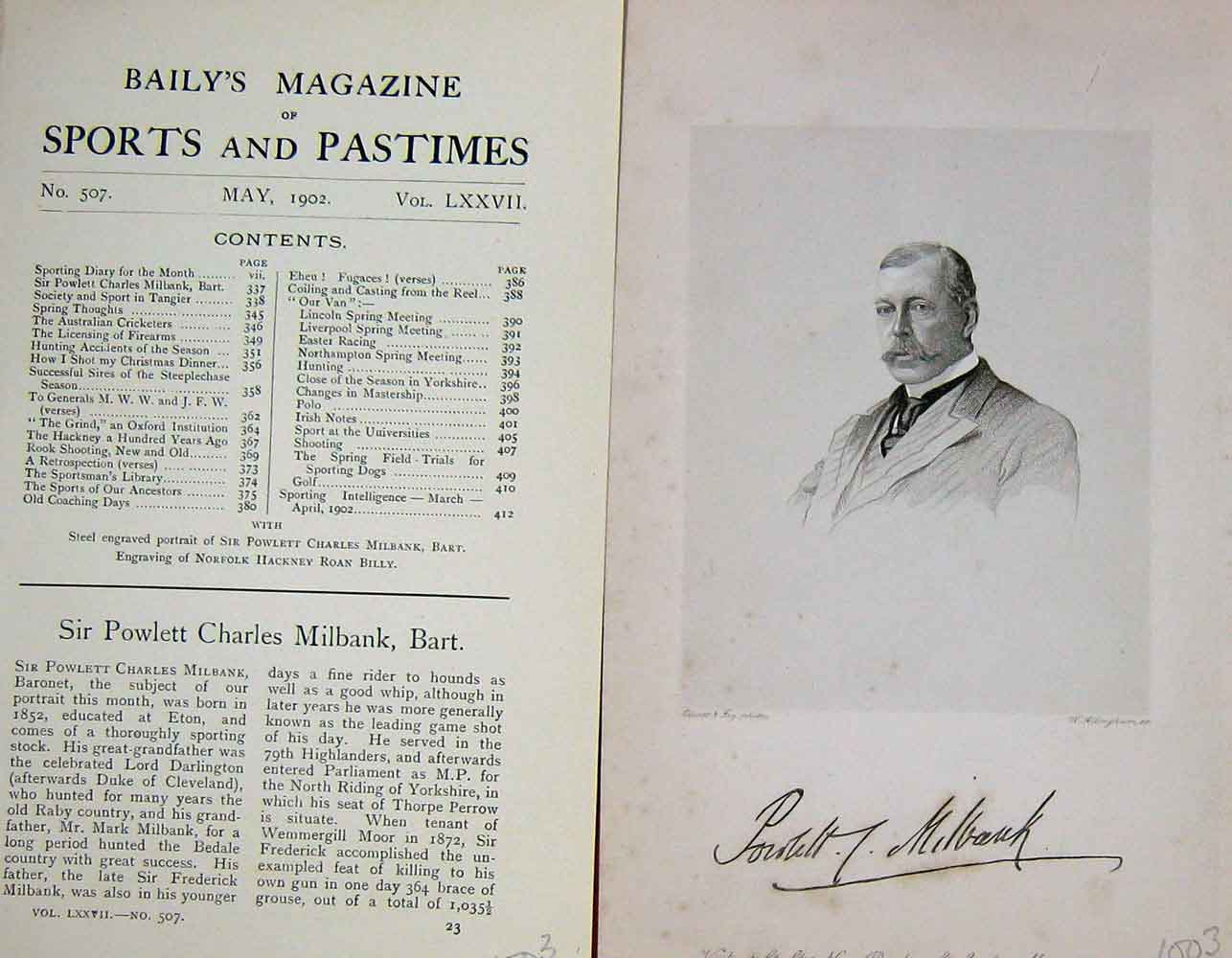 Original Old Antique Print 1902 Portrait Sir Powlett Charles Milbank 20th