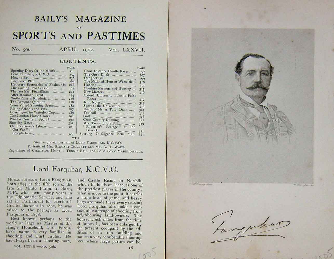 Original Old Antique Print 1902 Portrait Lord Horace Brand Farquar 20th