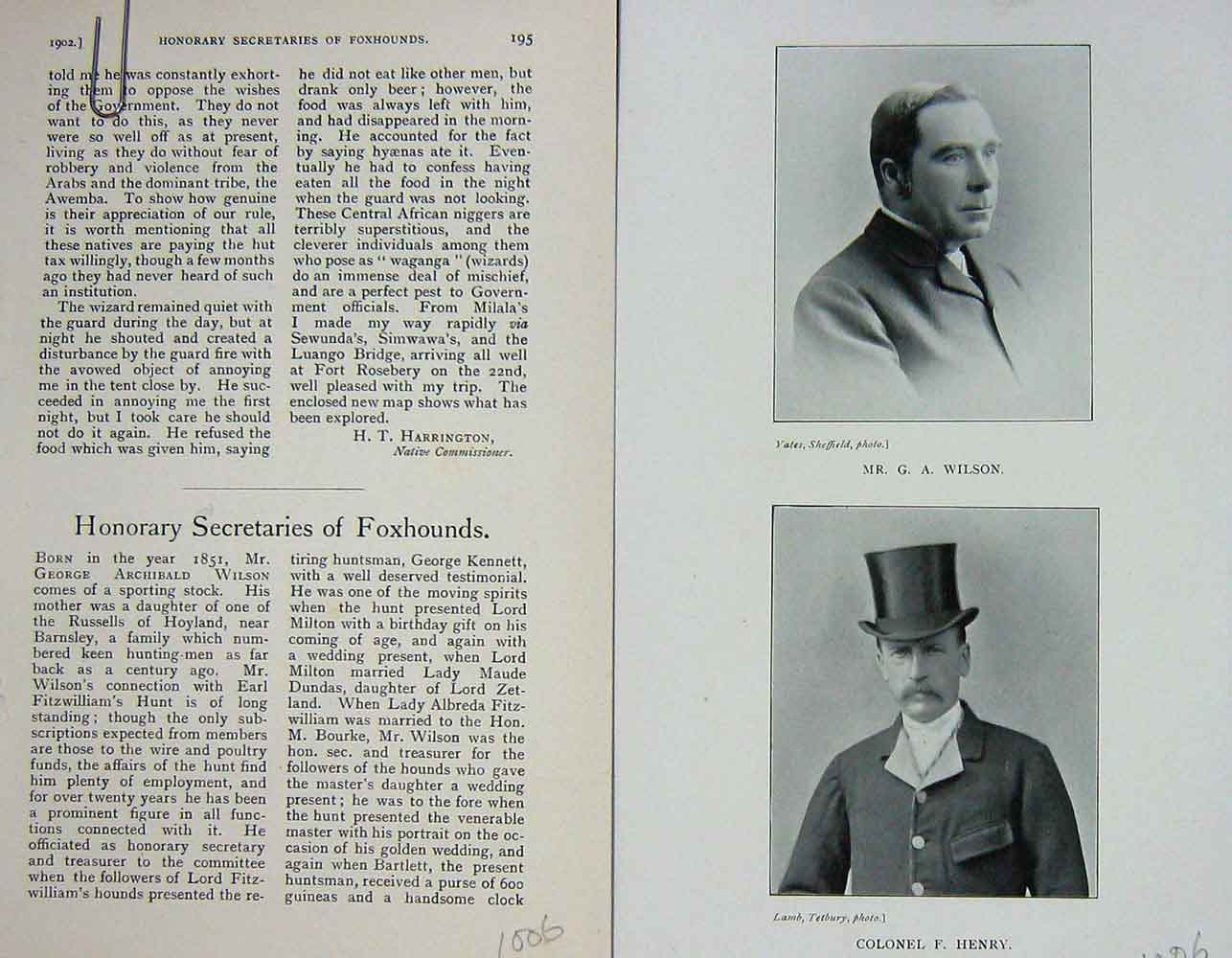 Original Old Antique Print 1902 Portrait Mr Wilson Colonel F. Henry Men 20th
