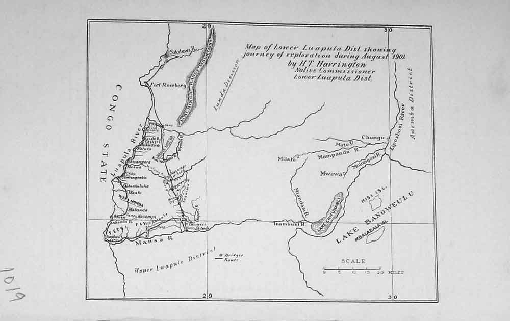 Original Old Antique Print 1902 Map Lower Luapula Congo State Harrington Plan