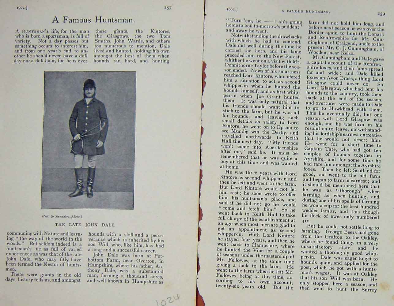 Original Old Antique Print 1902 Portrait Huntsman John Dale Sportsman 20th