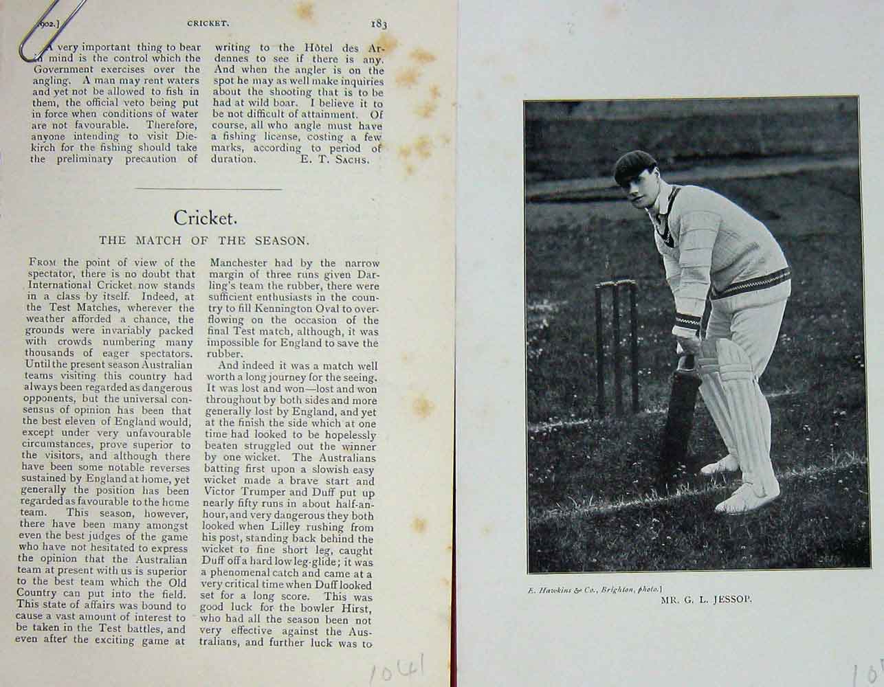 Original Old Antique Print 1902 Portrait Mr G.L Jessop Cricket Sportsman 20th