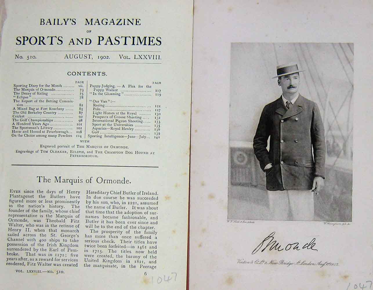 Original Old Antique Print 1902 Portrait Marquis Ormonde Sportsman 20th