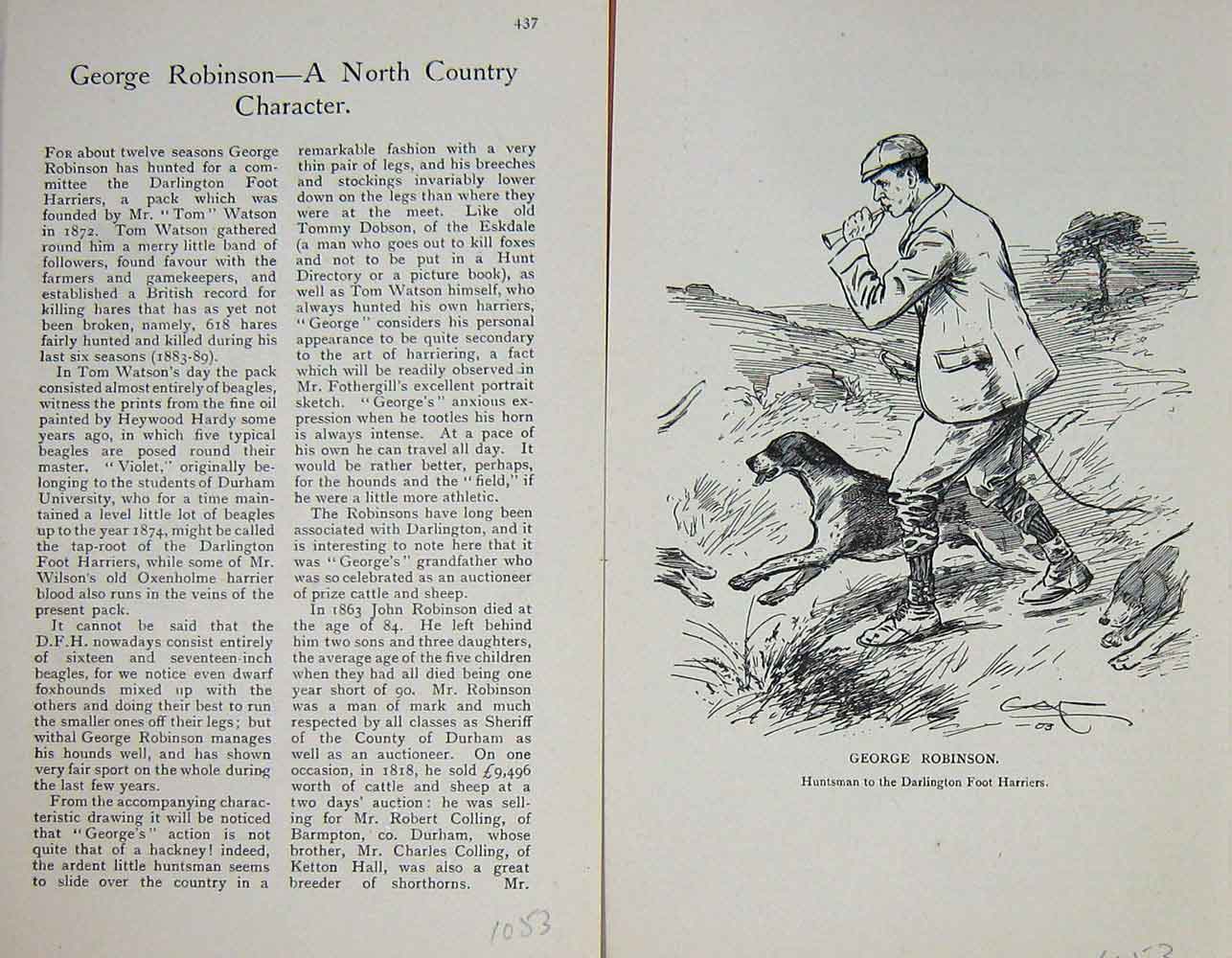 Original Old Antique Print 1903 George Robinson Huntsman Darlington 20th