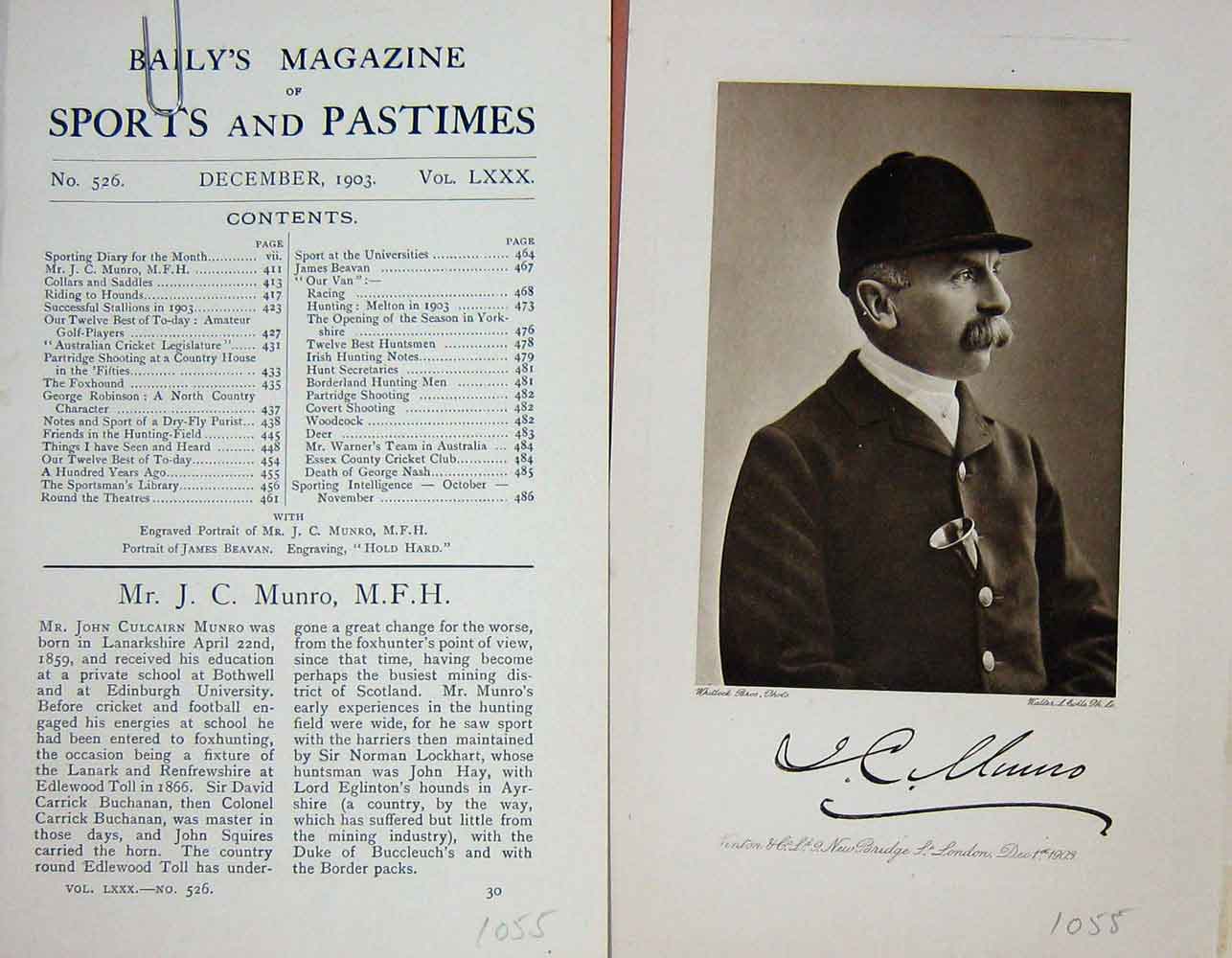 Original Old Antique Print 1903 Portrait Mr John Culcairn Munro Sportsman 20th