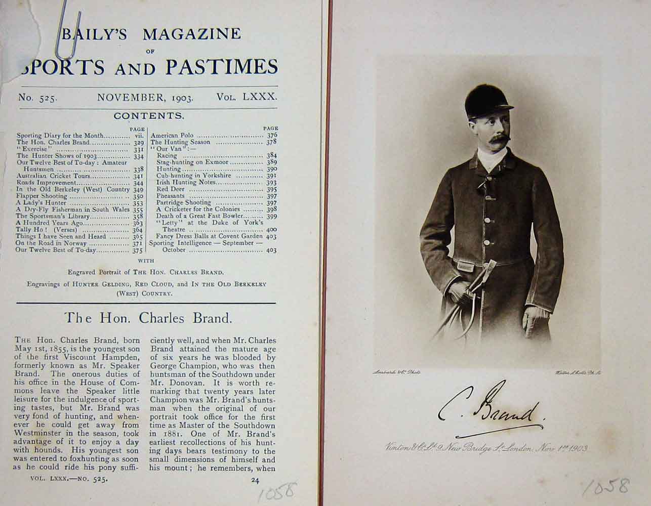 Original Old Antique Print 1903 Portrait Hon. Charles Brand Sportsman 20th