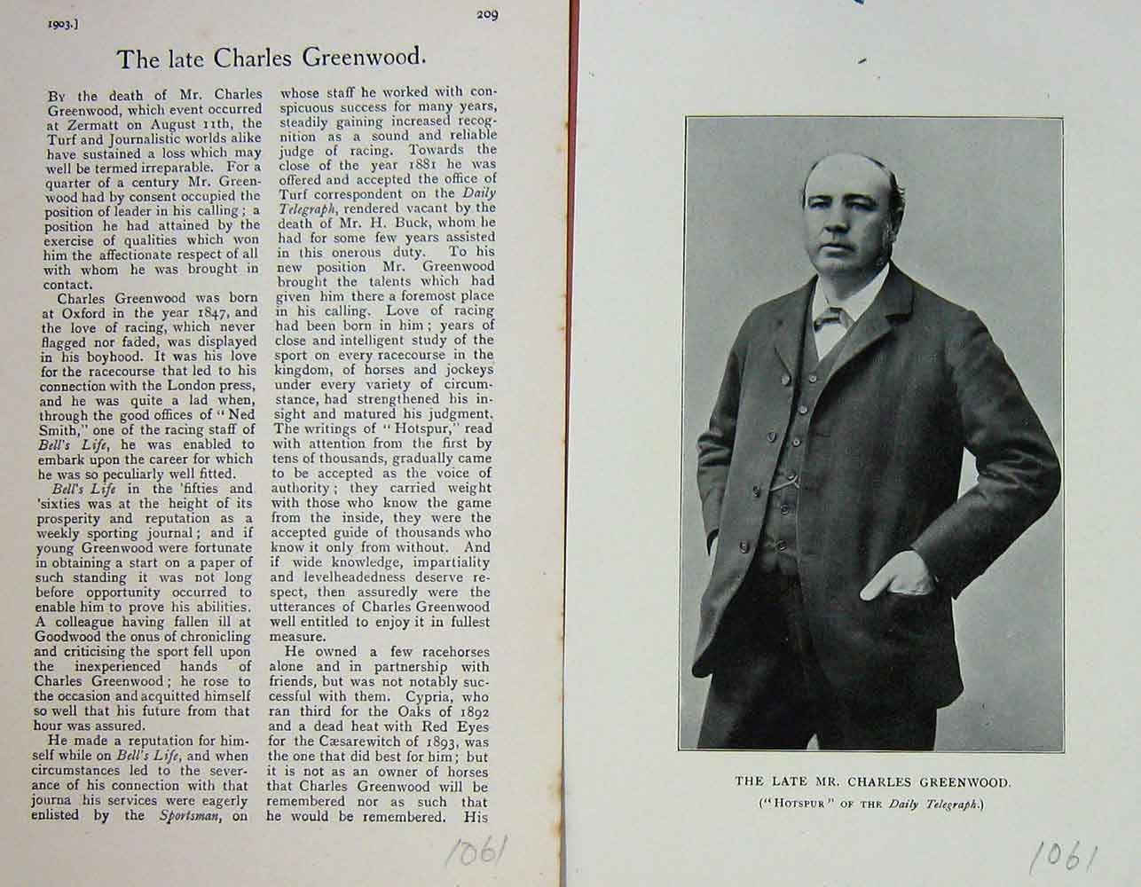 Original Old Antique Print 1903 Portrait Mr Charles Greenwood Sportsman 20th