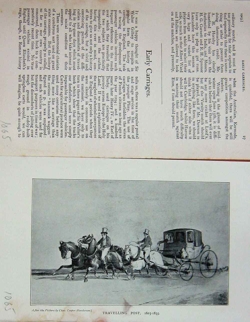 Antique Old Print 1903 Horses Carriages Royal Mail Post Transport Baily'S 20th