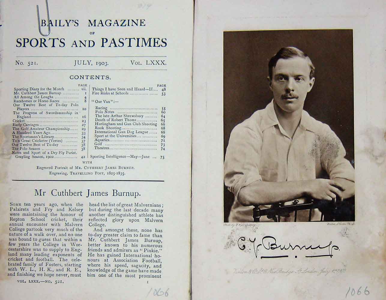Original Old Antique Print 1903 Portrait Mr James Cuthbert Burnup Cricket 20th