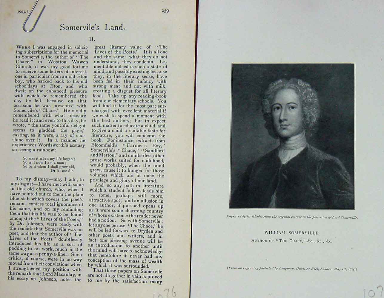 Original Old Antique Print 1903 Portrait William Somerville Author Chace 20th