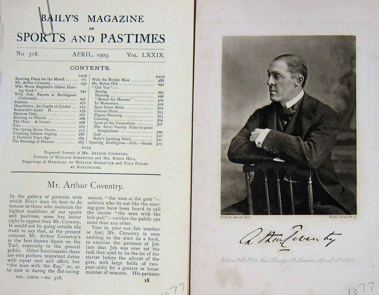 Original Old Antique Print 1903 Portrait Mr Arthur Coventry Sportsman 20th