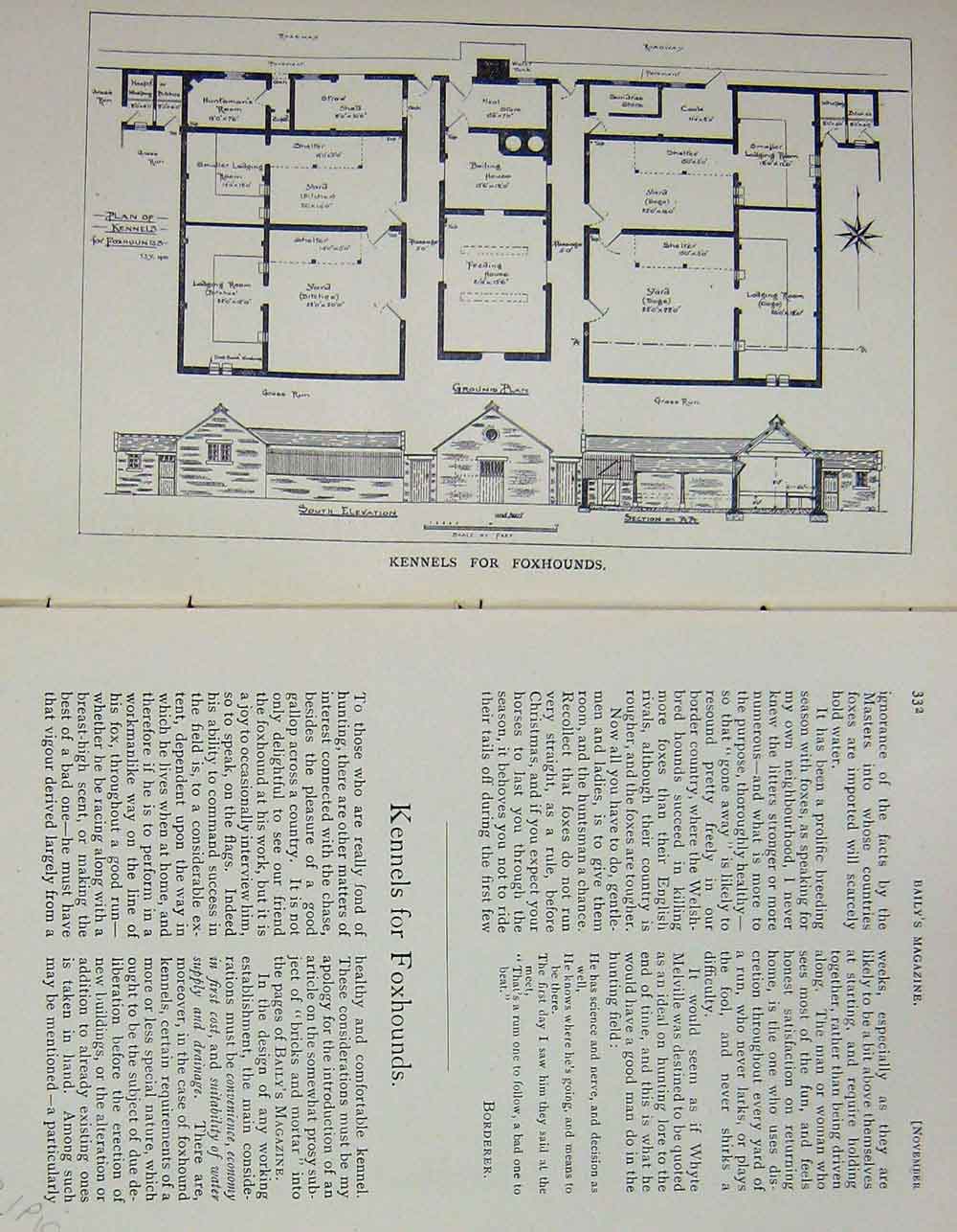 Original Old Antique Print 1901 Plan Kennels Foxhounds Baily'S Magazine 20th