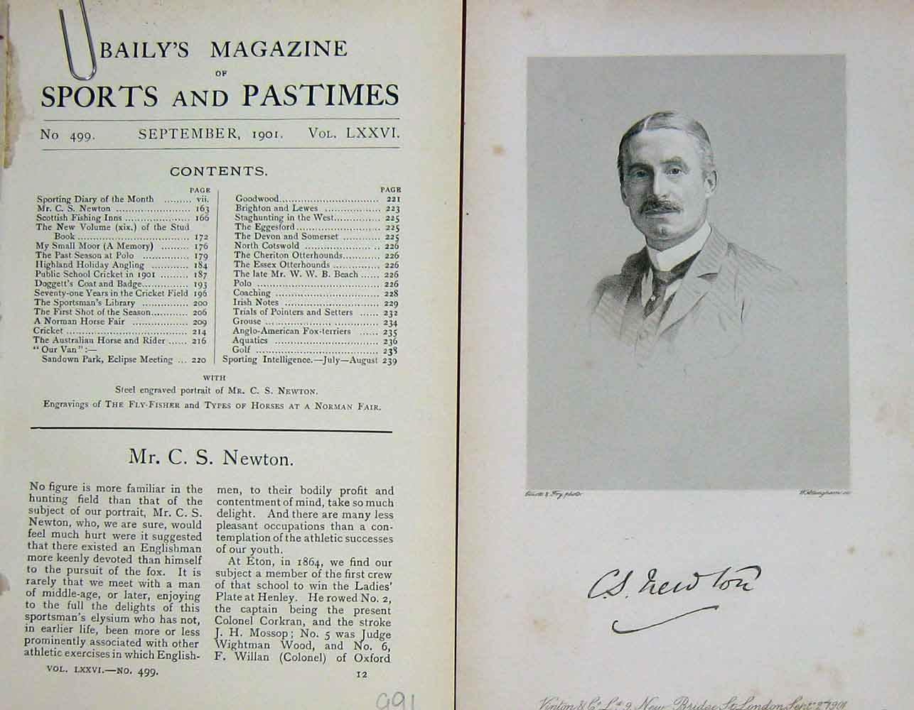 Original Old Antique Print 1901 Portrait Mr C.S Newton Sportsman Hunting 20th