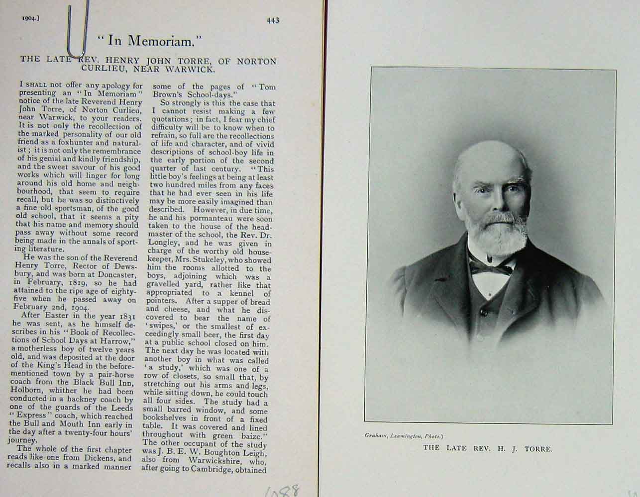 Original Old Antique Print 1904 Portrait Rev. Henry John Torre Norton 20th