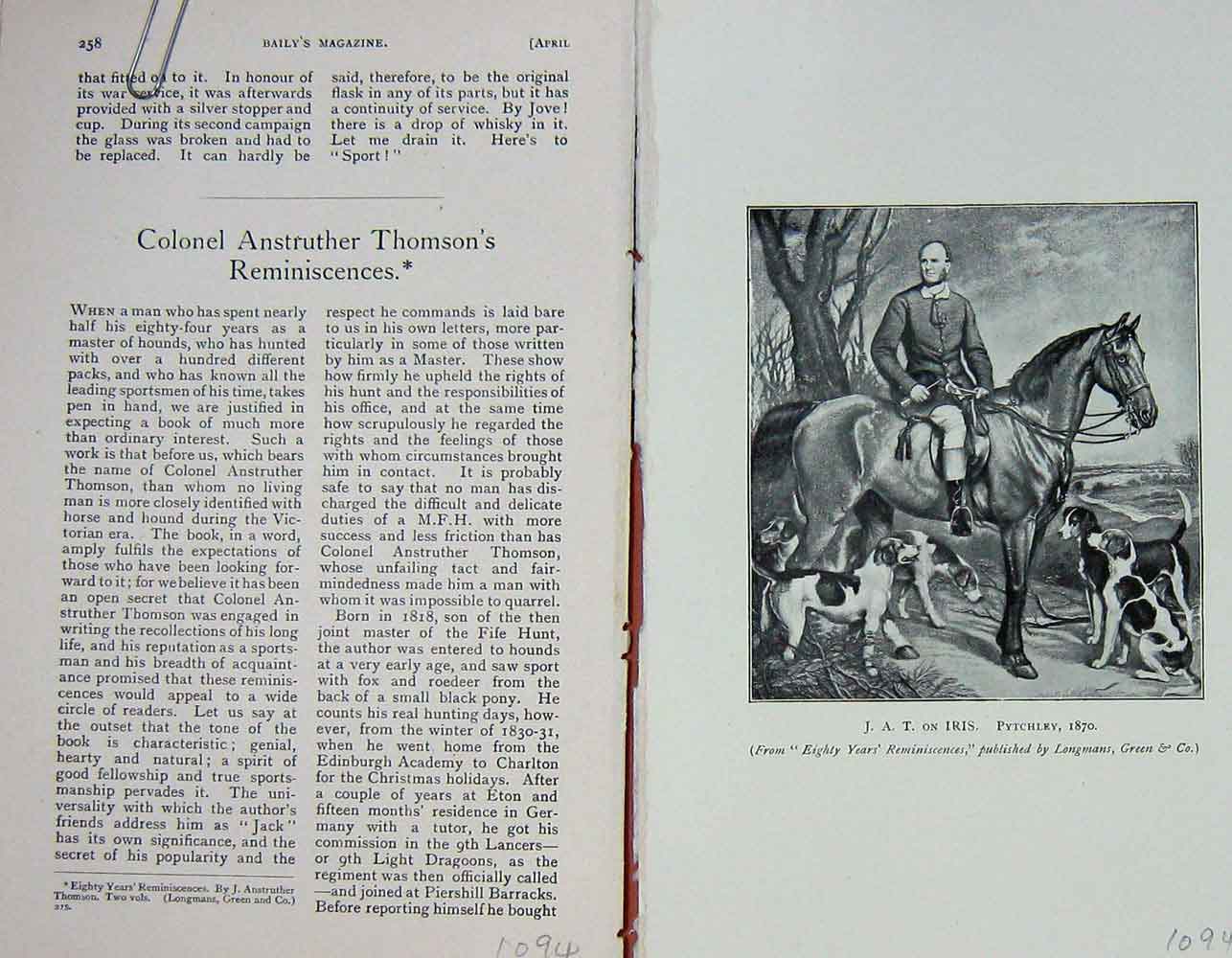Original Old Antique Print 1904 Portrait Colonel Anstruther Thomson Horse 20th