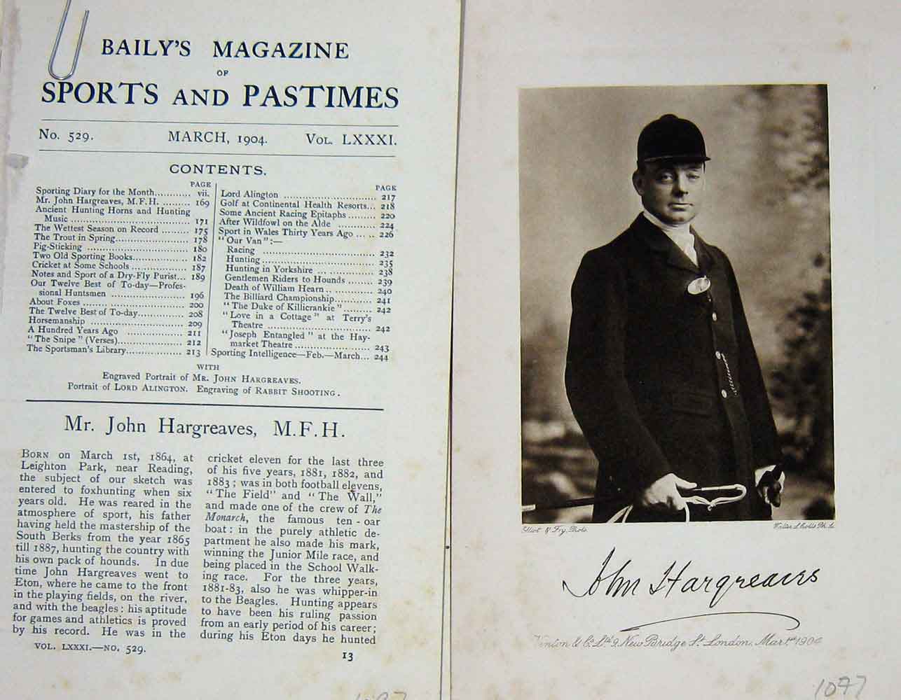 Original Old Antique Print 1904 Portrait Mr John Hargreaves Sportsman 20th